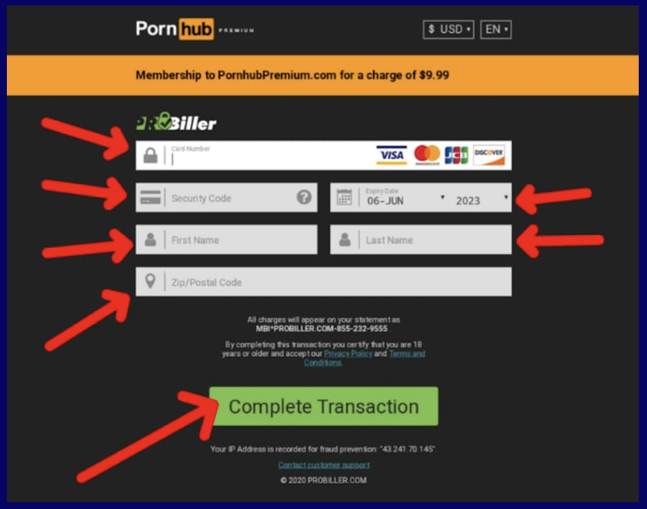 Bank card form on PornHubPremium