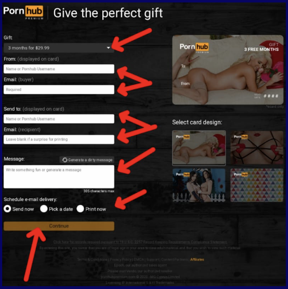Form to buy gift card from PornHubPremium
