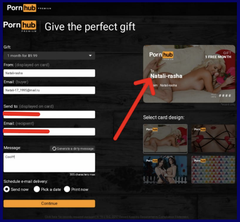 Personal information for gift card from PornHubPremium